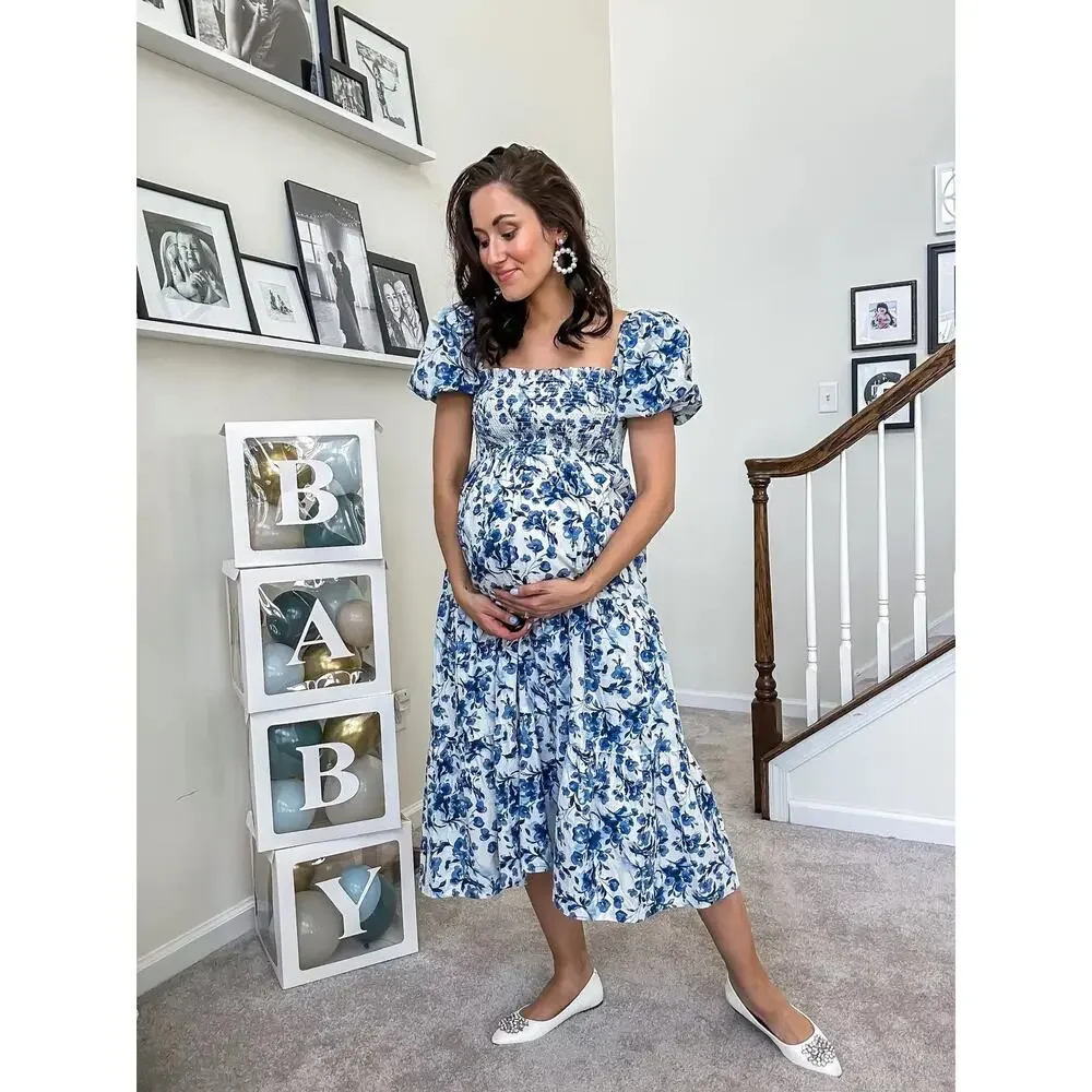 Abercrombie & Fitch Emerson Poplin Puff Sleeve Midi Dress – Blue White Floral - Picture 5 of 9